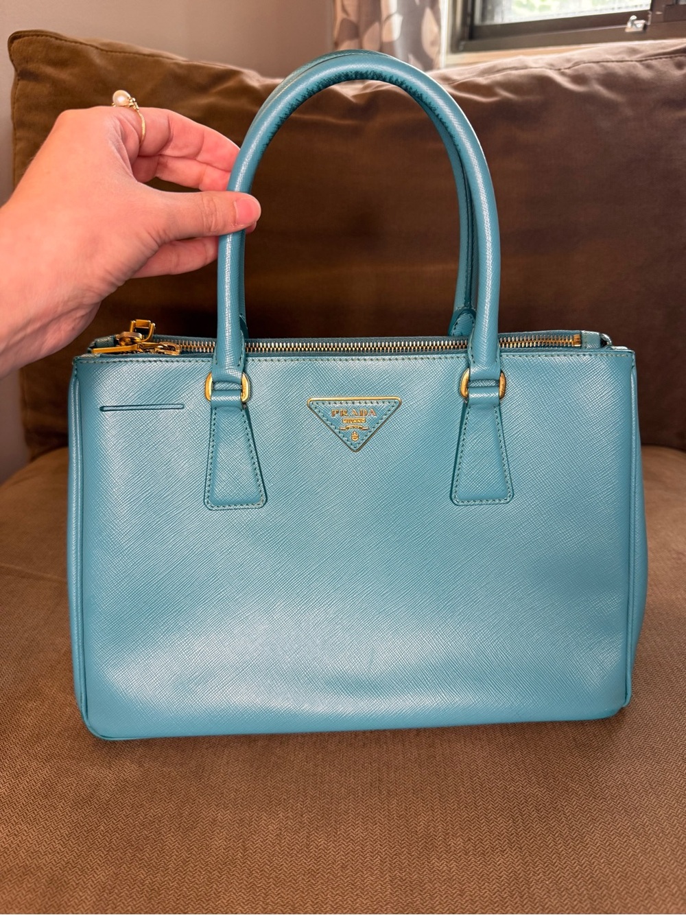 Prada Teal Blue Saffiano Leather Satchel with Gold Hardware
